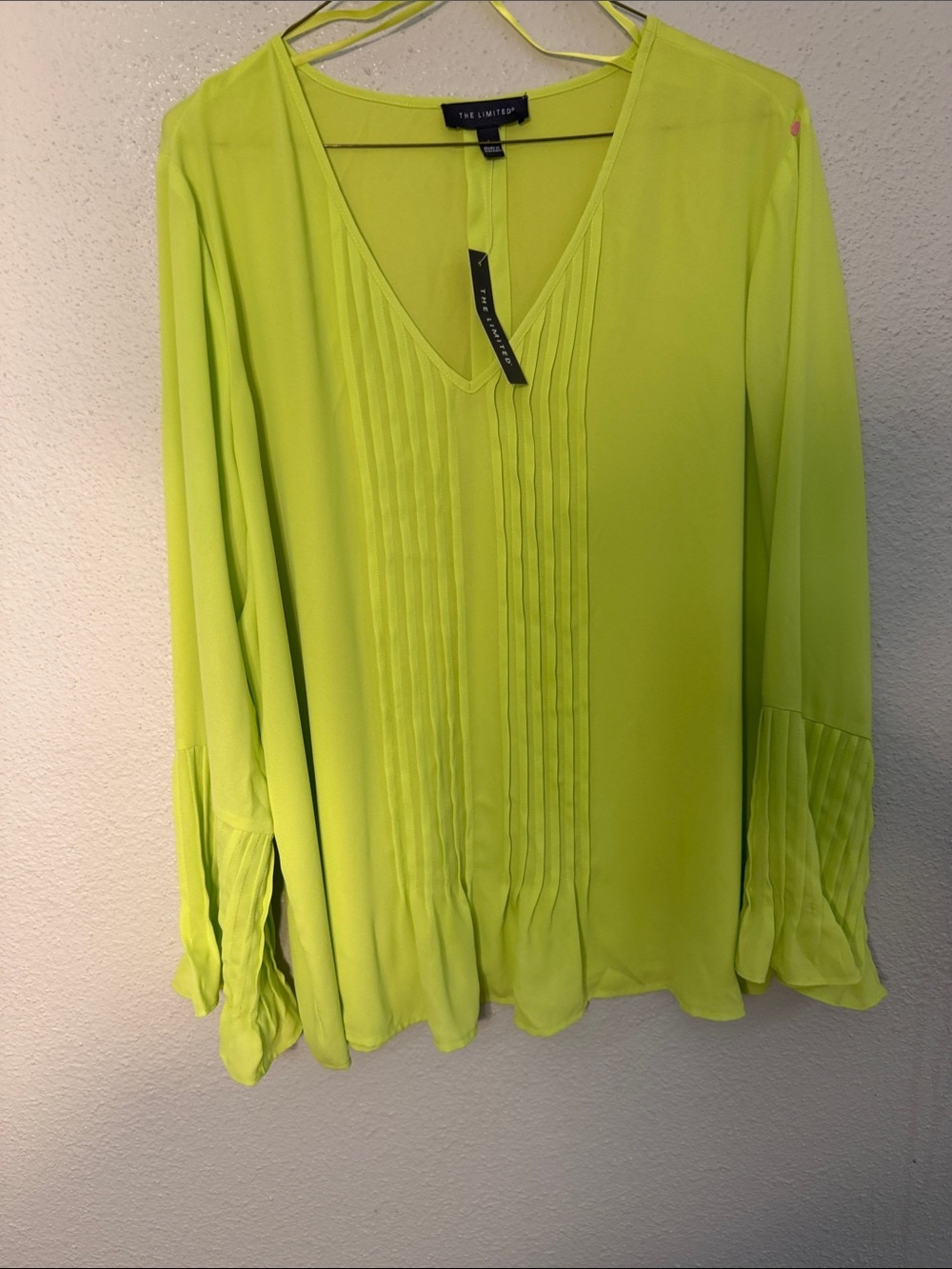 The Limited Neon Lime V-Neck Pintuck Blouse